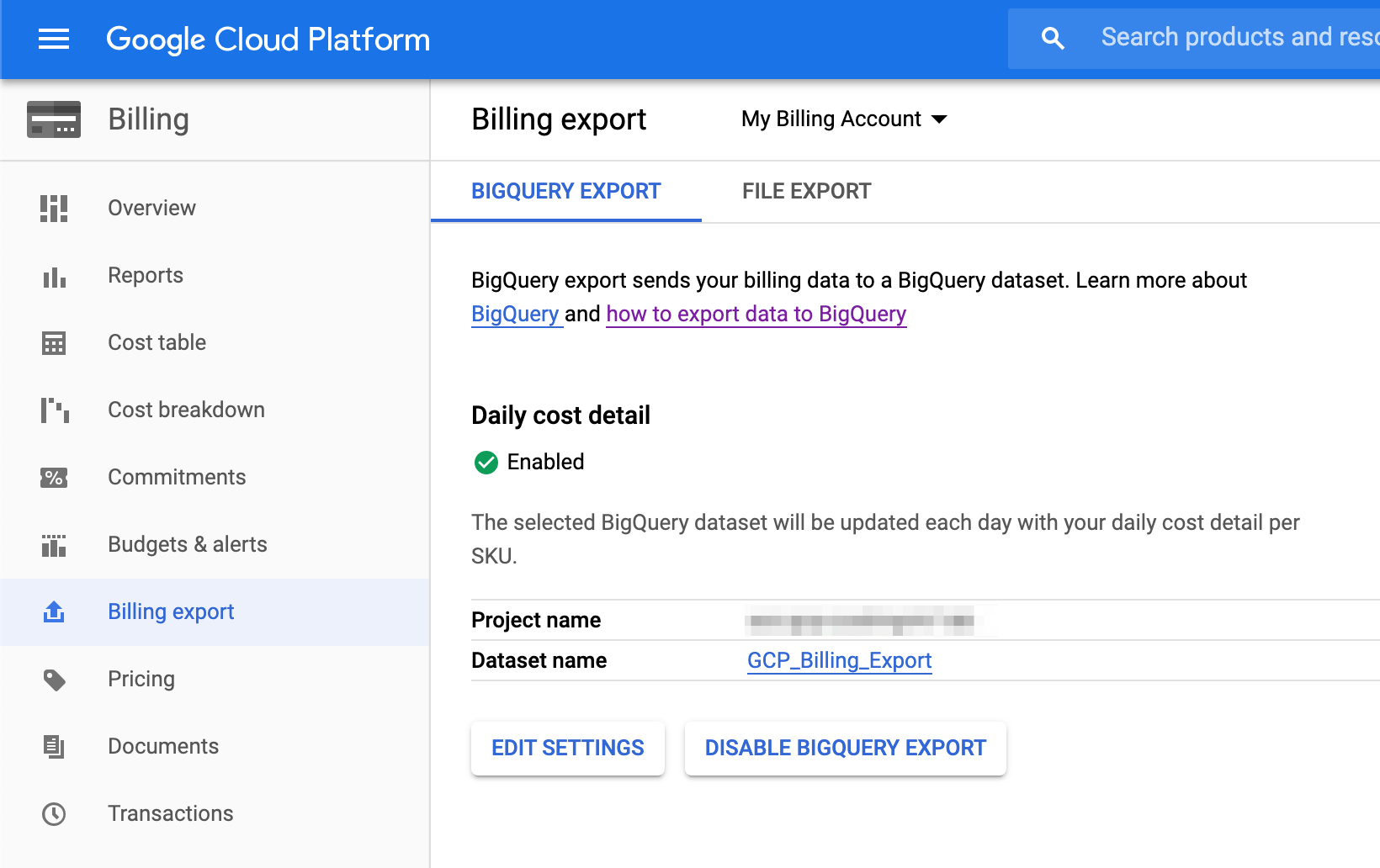 GCP Cloud Console Billing Export Configured