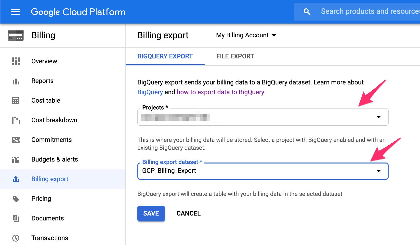 GCP Cloud Console Billing Export Settings