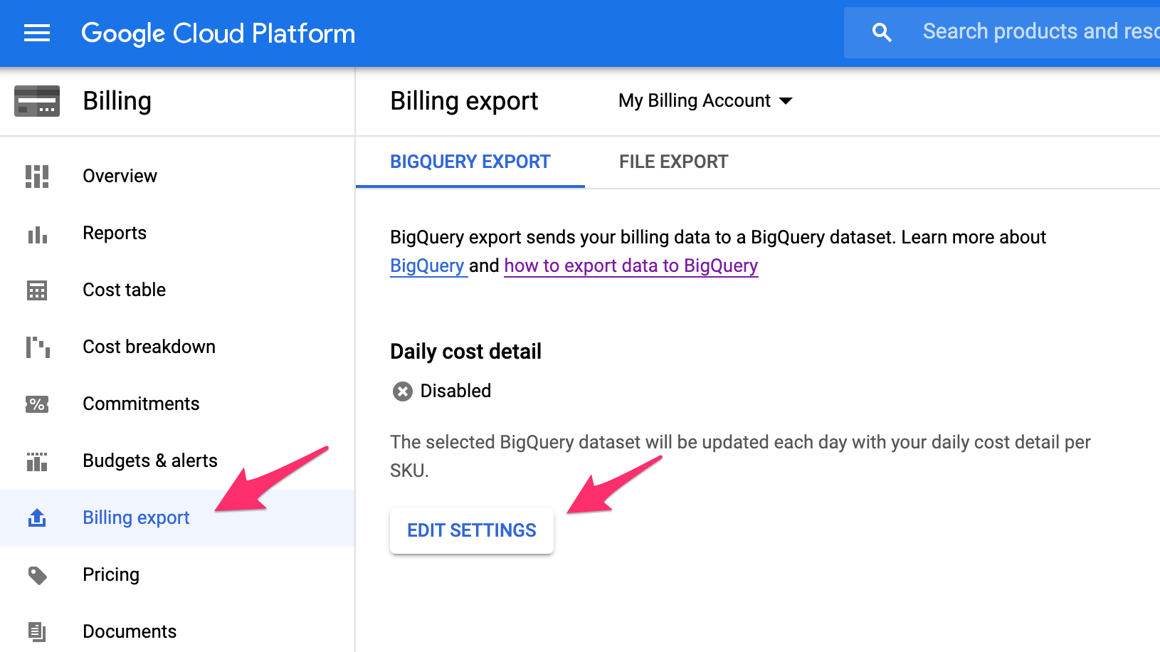 GCP Cloud Console Billing Export