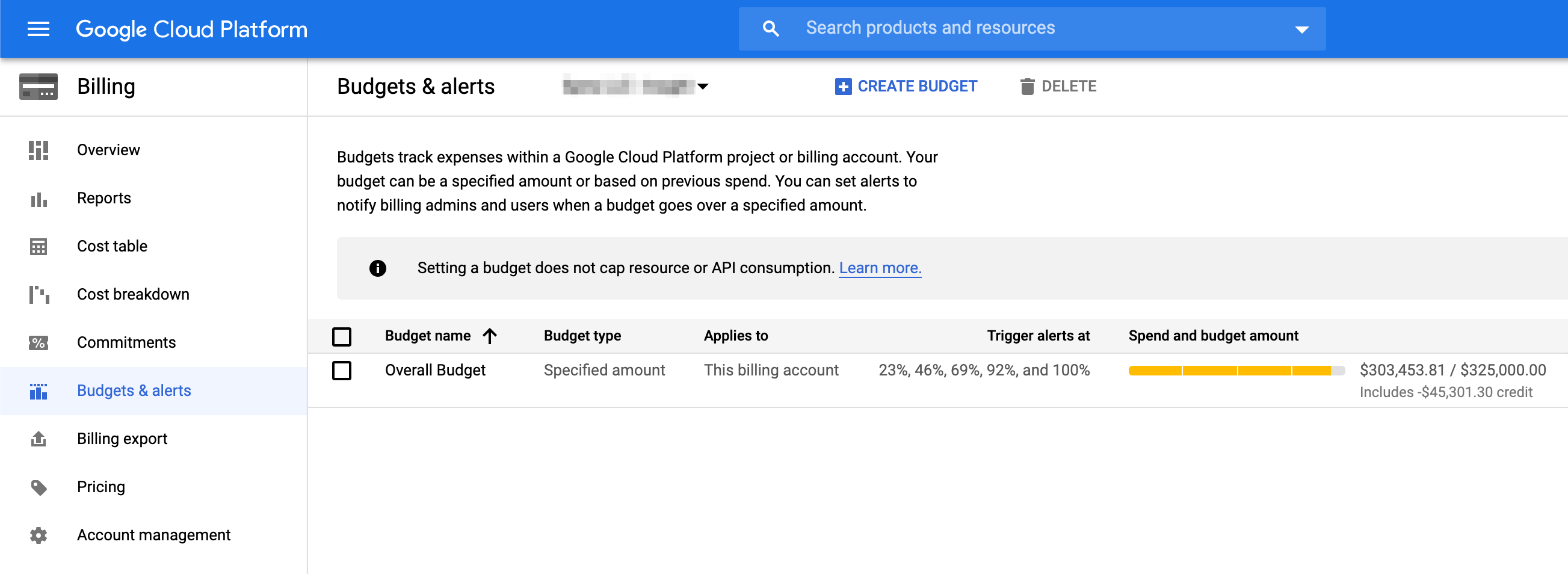 GCP Cloud Console Billing Console Budgets and Alerts