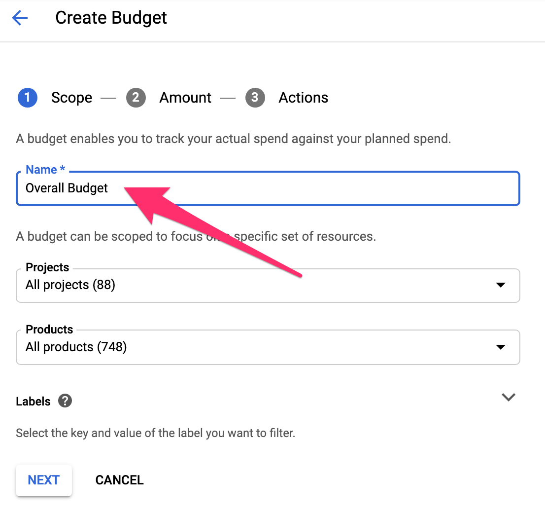 GCP Cloud Console Billing Console Budget and Alerts - Create 1 - Scope