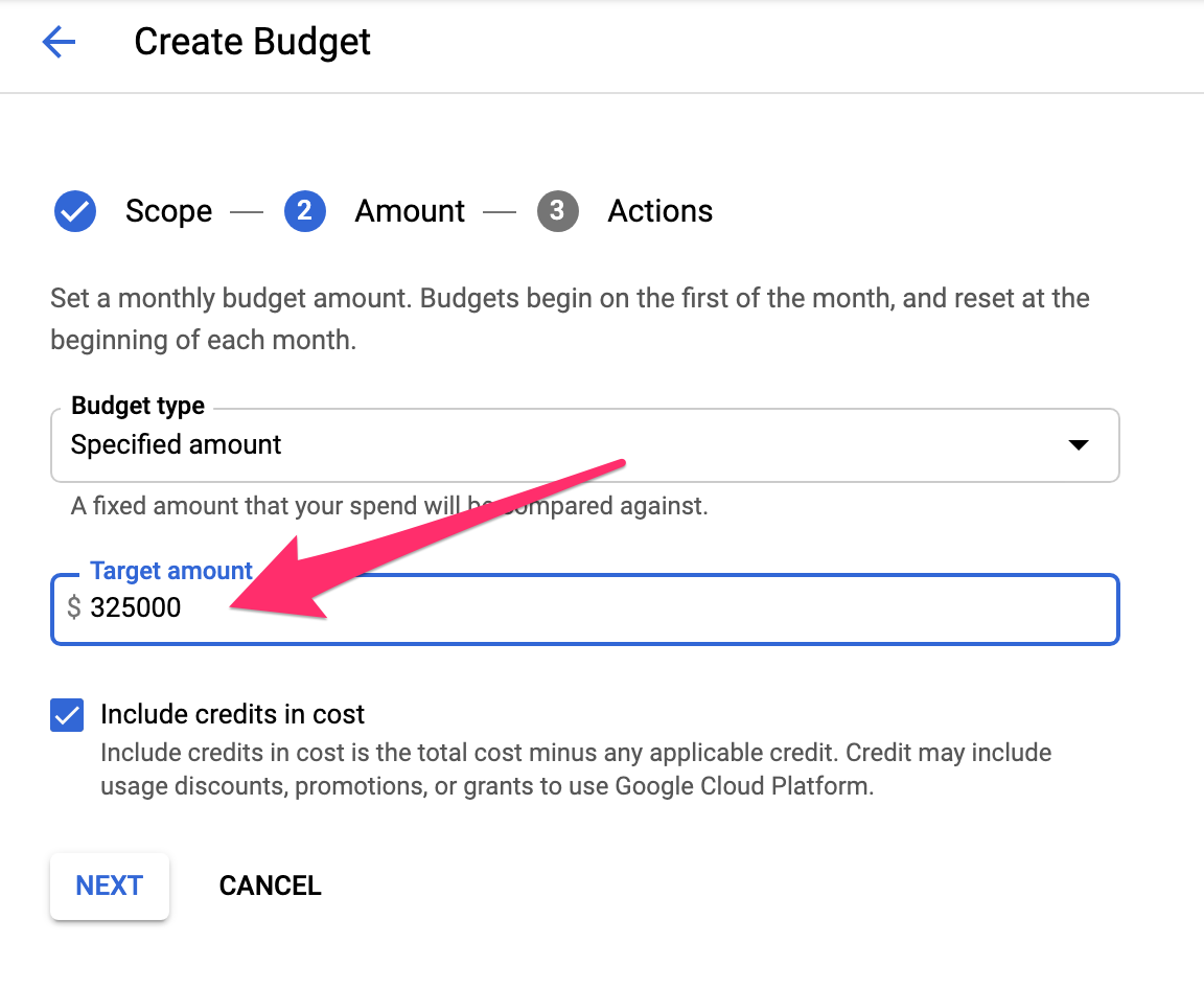 GCP Cloud Console Billing Console Budgets and Alerts - Create 2 - Amount
