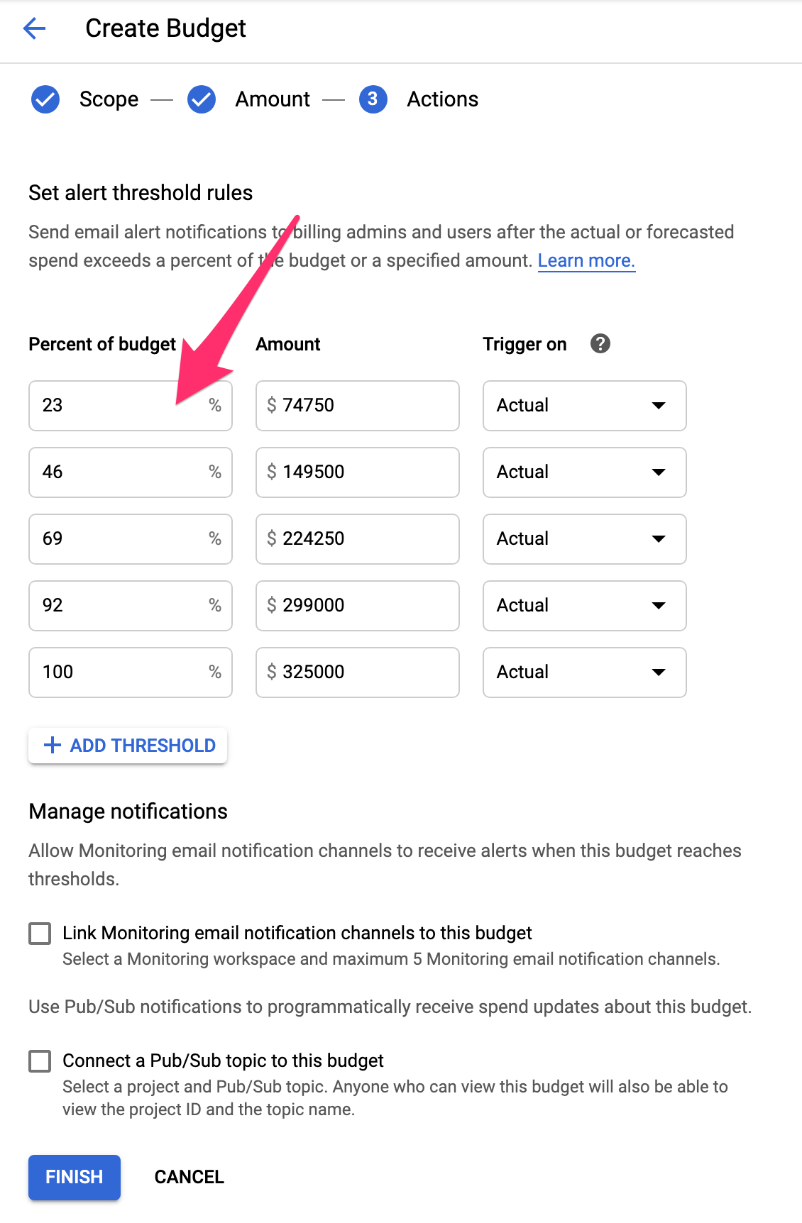GCP Cloud Console Billing Console Budgets and Alerts - Create 3 - Actions