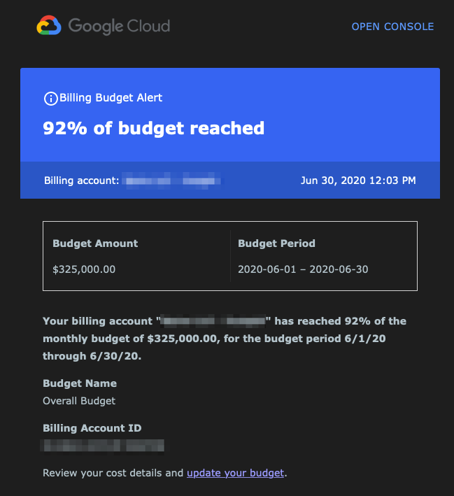 GCP Cloud Console Billing Console Budget and Alerts - Email Example